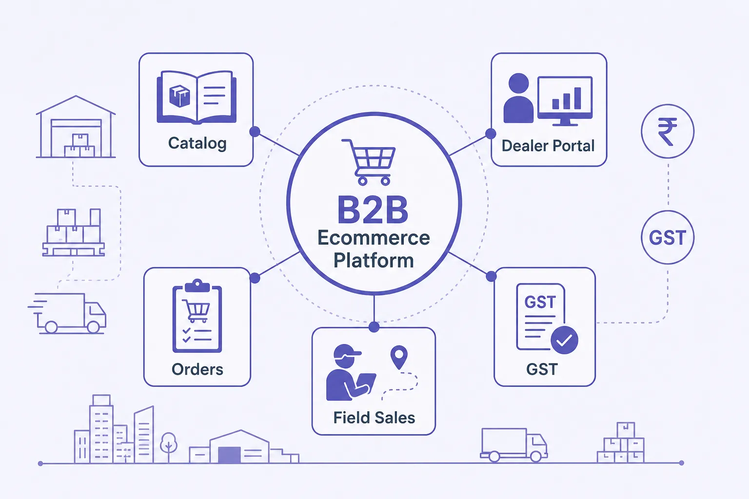 Infographic of a B2B ecommerce platform with catalog, dealer portal, orders, field sales, and GST modules