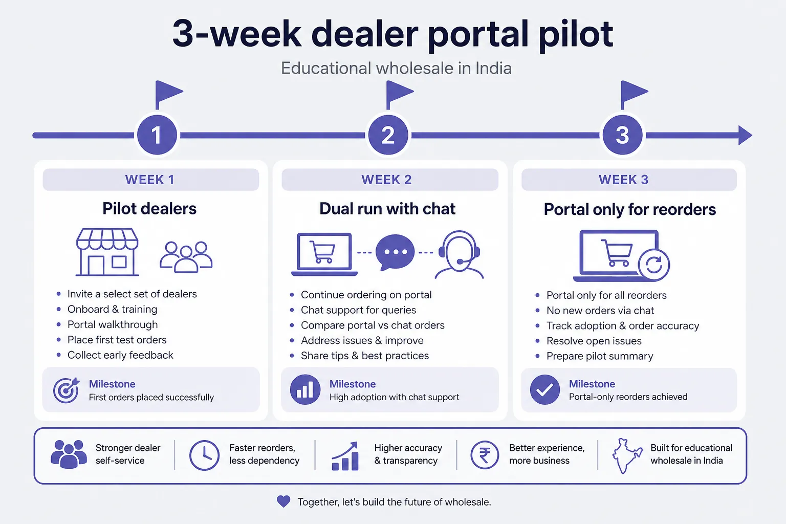 Three-week dealer portal pilot timeline: pilot dealers, dual run, then portal for reorders