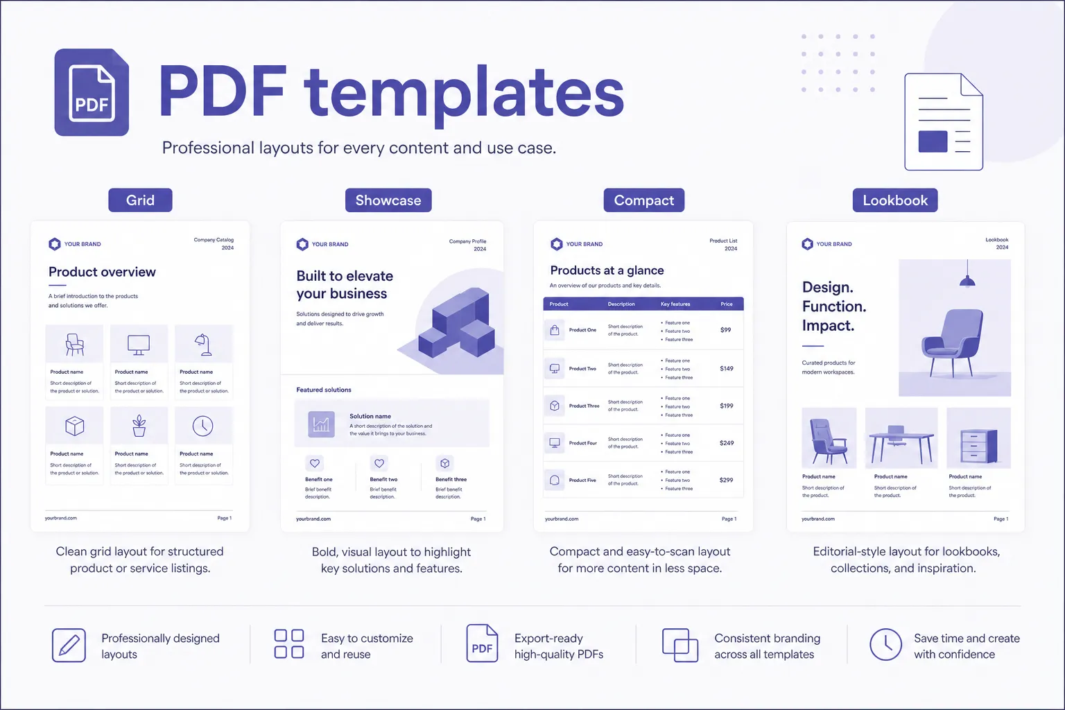 Catalog Studio PDF templates Grid, Showcase, Compact, and Lookbook