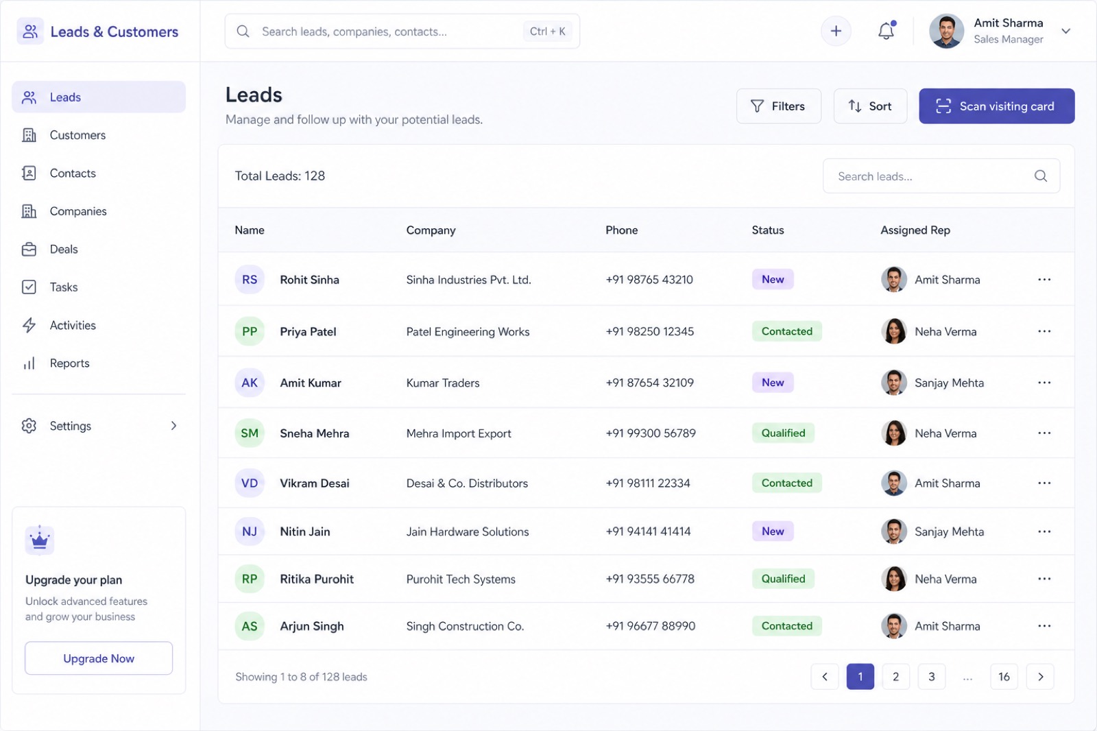 Leads and customers workspace with AI card scan and rep assignment